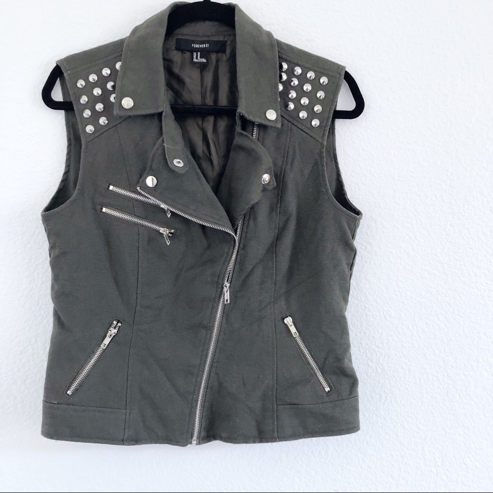 F21 | moto studded olive green jean linen vest